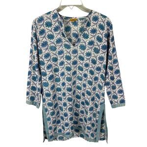 Roberta Roller Rabbit Blue Block Printed Long Sleeve V Neck Pajama Top